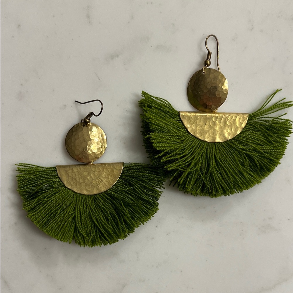 Green Fringe Earrings with Gold Accents